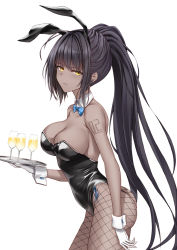 Rule 34 | 1girl, animal ears, arm tattoo, bare shoulders, black hair, black leotard, blue archive, blue bow, blue bowtie, bow, bowtie, breasts, cleavage, closed mouth, cup, curvy, dark-skinned female, dark skin, drinking glass, expressionless, fake animal ears, feet out of frame, fishnet pantyhose, fishnets, glass, gloves, highleg, highleg leotard, highres, holding, holding tray, karin (blue archive), karin (bunny) (blue archive), large breasts, leotard, long hair, looking at viewer, naga (pixiv70891418), number tattoo, official alternate costume, pantyhose, playboy bunny, rabbit ears, solo, standing, tattoo, thong leotard, traditional bowtie, tray, white background, white gloves, wide hips, wine glass, yellow eyes