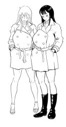 2girls alternate_breast_size alternate_costume bare_legs belt black_footwear black_hair blunt_bangs blush boots breasts choker coat cowlick female_focus frown furrowed_brow hand_in_pocket huge_breasts legs_apart lineart mature_female min71182 mother_and_daughter multiple_girls nervous nico_olvia nico_robin nose one_piece sandals simple_background smile standing sweat time_paradox toenails white_background white_hair