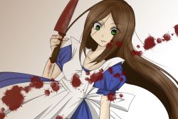 Rule 34 | 1girl, alice: madness returns, alice (alice in wonderland), alice in wonderland, alice liddell (american mcgee&#039;s alice), american mcgee&#039;s alice, american mcgee's alice, blood, brown hair, dress, female focus, gradient background, green eyes, knife, long hair, moon036, solo, white background