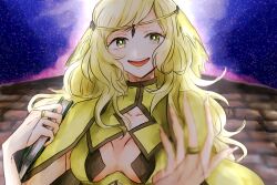 Rule 34 | 1girl, blonde hair, book, breasts, cape, circlet, cleavage, fire emblem, fire emblem fates, grey eyes, holding, holding book, kumao (jinsei wa dead end), looking at viewer, medium breasts, night, night sky, nintendo, ophelia (fire emblem), sky, smile, swept bangs, teeth, turtleneck, upper teeth only