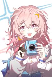 Rule 34 | 1girl, black gloves, blue eyes, blue jacket, blush, buttons, camera, chinese commentary, commentary request, dated, earrings, flower ornament, framed, glint, gloves, guguang yy, highres, holding, holding camera, honkai: star rail, honkai (series), jacket, jewelry, long sleeves, looking at viewer, making-of available, march 7th (honkai: star rail), medium hair, open mouth, partially fingerless gloves, pink eyes, pink hair, shirt, signature, single earring, single glove, solo, star (symbol), tied jacket, two-tone eyes, upper body, viewfinder, white shirt