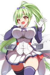 Rule 34 | 1girl, azur lane, black panties, blue coat, blush, bow, breasts, cannon, coat, fang, gloves, green hair, green panties, hair bow, large breasts, long hair, long sleeves, looking at viewer, machinery, miniskirt, open mouth, panties, pantyshot, pleated skirt, ponytail, ribbon, rigging, sayossa (pak-front), shropshire (azur lane), simple background, skirt, solo, standing, turret, underwear, white background, white gloves, yellow eyes