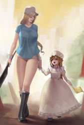 Rule 34 | 10s, 1girl, :d, age difference, apron, blonde hair, boots, braid, breasts, commentary request, cosplay, costume switch, dress, hat, hataraku saibou, large breasts, long hair, looking at another, macrophage (hataraku saibou), open mouth, parted lips, phamoz, platelet (hataraku saibou), puffy sleeves, rubber boots, shirt, shorts, single braid, size difference, smile, walking, weapon