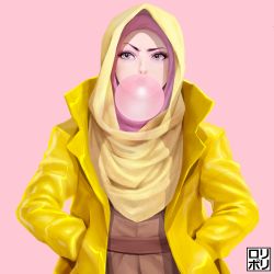 Rule 34 | 1girl, absurdres, blue eyes, brown dress, blowing bubbles, chewing gum, coat, dress, eyelashes, eyeliner, eyeshadow, food, hands in pockets, highres, hijab, jamrolypoly, lips, makeup, muslim, nose, original, pink background, pink eyeshadow, popped collar, raincoat, raised eyebrow, realistic, simple background, solo, thick eyebrows, yellow coat