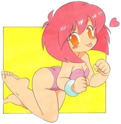 Rule 34 | 1girl, :p, ass, bare shoulders, barefoot, blush, blush stickers, bodysuit, border, bracelet, breasts, chibi, cleavage, clenched hand, clenched hands, colorized, feet, full body, heart, jewelry, legs, leotard, looking at viewer, orange eyes, outside border, oyatsu (mk2), pink hair, quinty, quinty (character), short hair, simple background, small breasts, soles, solo, toes, tongue, tongue out, yellow background