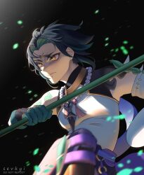 Rule 34 | 1boy, arm tattoo, armor, artist name, black background, black hair, brown eyes, closed mouth, eyeliner, facial mark, falling petals, forehead mark, genshin impact, green hair, highres, holding, holding polearm, holding weapon, jewelry, makeup, male focus, multicolored hair, necklace, pauldrons, pearl necklace, petals, polearm, red eyeliner, sevkyi, shirt, short hair, shoulder armor, shoulder tattoo, simple background, single bare shoulder, single pauldron, sleeveless, sleeveless shirt, solo, tattoo, two-tone hair, upper body, weapon, xiao (genshin impact), yellow eyes