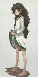 Rule 34 | 1girl, bare legs, barefoot, breasts, closed mouth, clothes lift, dress, full body, green eyes, green hair, grey background, highres, hiyajou maho, long hair, looking at viewer, menomorute, messy hair, scowl, shadow, simple background, skirt, skirt lift, small breasts, solo, standing, steins;gate, thick eyebrows, thighs, wavy hair, white dress