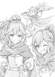 Rule 34 | 1girl, anna (fire emblem), anna (fire emblem engage), axe, battle axe, belt pouch, blush, cloak, crossed bangs, fire emblem, fire emblem engage, gloves, greyscale, grin, high ponytail, holding, holding axe, incoming attack, long hair, looking at viewer, monochrome, multiple views, nintendo, ok sign, one eye closed, open mouth, pouch, sidelocks, simple background, smile, ten (tenchan man), weapon