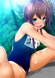 Rule 34 | blue eyes, cameltoe, fumihiko (fu mihi ko), hololive, looking at viewer, natsuiro matsuri, one-piece swimsuit, school swimsuit, swimsuit, tan, virtual youtuber, wet, wet clothes, wet swimsuit