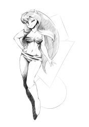 Rule 34 | 1girl, ;), animal print, bare shoulders, bikini, boots, breasts, contrapposto, eric toner, female focus, full body, greyscale, hand on own hip, highres, horns, knee boots, long hair, lum, medium breasts, monochrome, navel, one eye closed, oni, smile, solo, standing, swimsuit, tiger print, urusei yatsura, very long hair, white background