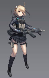 Rule 34 | 1girl, :o, absurdres, blonde hair, full body, gloves, gradient background, grey background, gun, hair ornament, highres, holding, holding gun, holding weapon, holster, leg warmers, looking at viewer, original, pleated skirt, qbase, red eyes, short hair, skirt, solo, standing, thigh holster, thigh strap, uniform, weapon