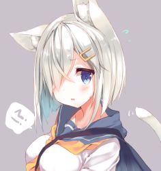 Rule 34 | !?, 10s, 1girl, animal ear fluff, animal ears, bad id, bad nicoseiga id, blue eyes, blush, breasts, cat ears, embarrassed, flying sweatdrops, grey background, hair ornament, hair over one eye, hairclip, hamakaze (kancolle), kantai collection, kemonomimi mode, looking at viewer, medium breasts, motion lines, neckerchief, p19, school uniform, serafuku, shirt, short hair, silver hair, simple background, solo, spoken interrobang, sweatdrop, tail, tail wagging, upper body, white shirt, yellow neckerchief