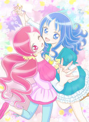 Rule 34 | 2girls, aqua dress, aqua sleeves, blue eyes, blue hair, blue pants, blue ribbon, boots, bow, bowtie, brooch, brown footwear, commentary request, dress, eyelashes, fingernails, floral background, flower, foot out of frame, frilled dress, frilled sleeves, frills, hair flower, hair ornament, hals0524, hanasaki tsubomi, heads together, heart, heart brooch, heartcatch precure!, high heels, holding hands, interlocked fingers, jewelry, kurumi erika, layered sleeves, leg up, long hair, long sleeves, low twintails, multicolored background, multiple girls, one eye closed, open mouth, outstretched arm, pants, pink eyes, pink flower, pink hair, pink shirt, pink sleeves, precure, puffy short sleeves, puffy sleeves, pumps, ribbon, ribbon legwear, shirt, short dress, short over long sleeves, short sleeves, sidelocks, simple background, smile, twintails, very long hair, wavy hair, white sleeves, yellow bow, yellow bowtie, yellow flower