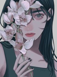 Rule 34 | 1girl, close-up, fingernails, flower, highres, long hair, looking at viewer, one eye closed, original, petals, simple background, solo, tori no 3046
