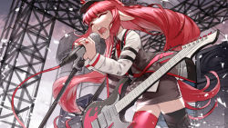 Rule 34 | 1girl, arknights, asymmetrical legwear, black skirt, blvefo9, braid, collared shirt, commentary, cowboy shot, electric guitar, closed eyes, fangs, guitar, highres, instrument, long hair, long sleeves, microphone, microphone stand, miniskirt, mismatched legwear, music, nail polish, necktie, open mouth, plectrum, pointy ears, red hair, shirt, sidelocks, singing, skirt, solo, sweat, thighhighs, very long hair, vigna (arknights), white shirt