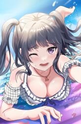 Rule 34 | 1girl, alternate hairstyle, bang dream!, bikini, black hair, blush, breasts, cleavage, downblouse, highres, large breasts, long hair, mi nya to, open mouth, plaid, plaid swimsuit, purple eyes, shirokane rinko, sidelocks, solo, swimsuit, twintails