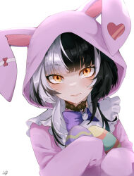 Rule 34 | 1girl, absurdres, animal costume, animal hood, black choker, black hair, bow, choker, closed mouth, commentary, easter egg, egg, grey hair, heart, highres, hololive, hololive english, hood, hood up, lace, lace choker, light blush, looking at viewer, lucferz, multicolored hair, purple bow, rabbit costume, rabbit hood, shiori novella, signature, simple background, solo, split-color hair, symbol-only commentary, upper body, virtual youtuber, white background, yellow eyes