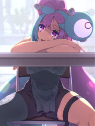 Rule 34 | 1girl, backlighting, blue hair, bow-shaped hair, breasts, chair, character hair ornament, commentary request, covered erect nipples, creatures (company), crossed arms, folding chair, game freak, grey footwear, hair ornament, head on arm, hexagon print, highres, indoors, iono (pokemon), large breasts, leaning on table, lens flare, long hair, looking up, low-tied long hair, multicolored hair, nintendo, parted lips, pink hair, pokemon, pokemon sv, sharp teeth, single leg pantyhose, skindentation, solo, spread legs, sw (taco), table, teeth, thigh strap, thighhighs, twintails, two-tone hair, upper body, very long hair