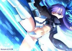 Rule 34 | 10s, 1girl, armor, artist name, black shirt, blouse, blue eyes, blue ribbon, boots, chain, commentary request, crotch plate, fate/extra, fate/extra ccc, fate (series), hair ribbon, juliet sleeves, leg up, long hair, long sleeves, looking at viewer, meltryllis (fate), one eye closed, oyaji-sou, puffy sleeves, purple hair, ribbon, shirt, solo, standing, standing on one leg