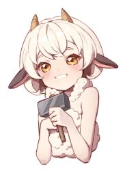 Rule 34 | 1girl, animal ears, bare shoulders, blush, brown eyes, cropped torso, eyebrows hidden by hair, grin, hammer, holding, holding hammer, horns, konbu (hida123), lamball, looking at viewer, palworld, personification, sheep ears, sheep girl, sheep horns, simple background, smile, solo, thick eyebrows, upper body, white background, white hair