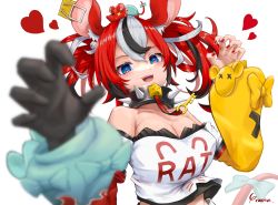 Rule 34 | 1girl, absurdres, animal, animal ears, animal on head, black gloves, black hair, blue eyes, breasts, cleavage, collar, gloves, hakos baelz, heart, highres, hololive, hololive english, medium breasts, mouse (animal), mouse ears, mouse tail, multicolored hair, nail polish, off-shoulder shirt, off shoulder, on head, open hands, red hair, red nails, shirt, single glove, solo, spiked collar, spikes, streaked hair, tail, upper body, virtual youtuber, white background, white hair, white shirt, yo na