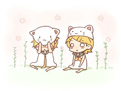 Rule 34 | 1boy, 1girl, animal hat, barefoot, blonde hair, blue eyes, blush, brother and sister, chibi, covering privates, covering face, detached sleeves, hair ornament, hairclip, hat, kagamine len, kagamine rin, necktie, o o, parody, ribbon, short hair, siblings, tamara, toeto (vocaloid), twins, vocaloid, yellow necktie