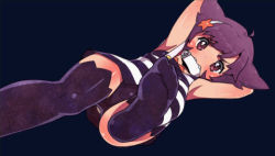 Rule 34 | 1girl, armpits, arms up, black thighhighs, blush, body blush, collar, criminal girls, fang, feet, game cg, ichihaya, lowres, official art, panties, red eyes, red hair, sako (criminal girls), shirt, short hair, simple background, solo, striped clothes, striped shirt, thighhighs, underwear
