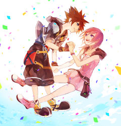 Rule 34 | 1boy, 1girl, bag, baggy pants, baggy shorts, belt, belt buckle, black shorts, blue eyes, bow, breasts, brown hair, buckle, chain, confetti, crown, dress, fingerless gloves, gloves, grin, holding hands, hood, jacket, jewelry, kairi (kingdom hearts), kingdom hearts, kingdom hearts iii, large shoes, looking at another, medium breasts, medium hair, necklace, pants, pendant, pink dress, pink footwear, pink hair, pouch, purple eyes, ramochi (auti), ribbon, shoes, short hair, short sleeves, shorts, sleeveless, smile, sora (kingdom hearts), spiked hair, strap, studded belt, white background, zipper