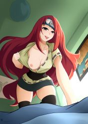 Rule 34 | 1girl, all fours, black eyes, blush, breasts, highres, long hair, medium breasts, naruto (series), nipples, open clothes, open shirt, pov, red hair, solo, teasing, tongue, tongue out, uzumaki kushina