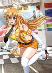 Rule 34 | 00s, 1girl, antenna hair, black necktie, blouse, breasts, cleavage, closed umbrella, day, detached collar, female focus, hair between eyes, high heels, holding, holding umbrella, ikkitousen, large breasts, long hair, looking at viewer, necktie, open mouth, outdoors, pumps, shirt, short shorts, shorts, skirt, sleeveless, sleeveless shirt, solo, sonsaku hakufu, standing, standing on one leg, thighhighs, umbrella, very long hair, white thighhighs, yellow shirt