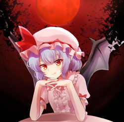 Rule 34 | 1girl, bat (animal), bat wings, bow, breasts, center frills, closed mouth, commentary request, dress, eyebrows hidden by hair, frills, full moon, hands up, hat, hat ribbon, head rest, interlocked fingers, kachuten, light blush, looking at viewer, mob cap, moon, night, night sky, outdoors, pink dress, pink hat, pointy ears, puffy short sleeves, puffy sleeves, purple hair, red bow, red moon, red ribbon, remilia scarlet, ribbon, short hair, short sleeves, sky, small breasts, smile, solo, table, touhou, upper body, wings