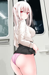 Rule 34 | 1girl, ass, black skirt, blush, breasts, closed mouth, commentary request, cowboy shot, highres, large breasts, long sleeves, looking at viewer, looking back, oouso, original, panties, pink panties, pleated skirt, red eyes, shirt, skirt, skirt hold, solo, thighs, train interior, twintails, underwear, white hair, white shirt