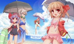 Rule 34 | 4girls, :d, :o, alternate costume, arm up, baku-p, barefoot, bat wings, beach, bikini, blonde hair, blue eyes, blush, bow, braid, breasts, cleavage, cloud, day, diving mask, diving mask on head, fang, female focus, fish, flandre scarlet, flat chest, goggles, goggles on head, hair bow, hair ribbon, holding, hong meiling, innertube, izayoi sakuya, jumping, lens flare, long hair, looking at viewer, looking away, midriff, multiple girls, navel, one-piece swimsuit, open mouth, outdoors, purple hair, red eyes, red hair, remilia scarlet, ribbon, sarong, shouryuuken, side ponytail, silver hair, sky, smile, snorkel, standing, swim ring, swimsuit, touhou, twin braids, umbrella, uppercut, water, wings