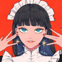 Rule 34 | 1girl, 4awaseyo, aqua eyes, black hair, blunt bangs, earrings, eyeshadow, hands up, jewelry, long hair, maid, maid headdress, makeup, original, parted lips, portrait, red background, red nails, signature, simple background, smile, solo