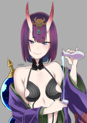Rule 34 | 1girl, alcohol, bare shoulders, bob cut, breasts, butcha-u, choko (cup), cup, eyeliner, eyeshadow, fangs, fate/grand order, fate (series), gourd, headpiece, highres, horns, japanese clothes, kimono, looking at viewer, makeup, oni, open clothes, open kimono, pouring, purple eyes, purple hair, purple kimono, revealing clothes, sake, short eyebrows, short hair, shuten douji (fate), signature, skin-covered horns, small breasts, smile, solo, tokkuri, upper body