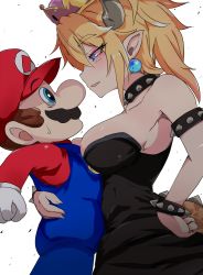 Rule 34 | 1boy, 1girl, asymmetrical docking, bare shoulders, black dress, blonde hair, blue eyes, blush, bowsette, bracelet, breast press, breasts, brown hair, collar, commentary request, crown, dress, eye contact, facial hair, fang, flat cap, gloves, hair between eyes, hand on own hip, hat, horns, jewelry, large breasts, long hair, long sleeves, looking at another, mario, mario (series), mini crown, mustache, new super mario bros. u deluxe, nintendo, overalls, parted lips, pointy ears, profile, rai (sakuranbo sugar), red hat, red shirt, shirt, simple background, spiked bracelet, spiked collar, spiked tail, spikes, strapless, strapless dress, super crown, sweat, tail, white background, white gloves