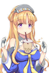 Rule 34 | 1girl, blonde hair, blue eyes, blue shirt, breasts, bubble tea, bubble tea challenge, cup, cyoujineko, disposable cup, double bun, drinking straw, fletcher (kancolle), gloves, hair bun, hair ornament, hairband, kantai collection, large breasts, long hair, neckerchief, object on breast, off shoulder, sailor collar, school uniform, shirt, simple background, smile, solo, star (symbol), star hair ornament, upper body, white background, white gloves, white sailor collar, yellow neckerchief