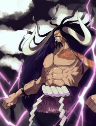 1boy abs absurdres aomushimm beard black_hair bracelet clenched_hand clenched_teeth cloud club club_(weapon) collarbone commentary commentary_request curled_horns english_commentary facial_hair highres horns jewelry kaidou_(one_piece) kanabou long_hair male_focus mixed-language_commentary muscular muscular_male mustache one_piece oni orange_eyes outdoors solo spiked_bracelet spikes teeth topless_male weapon white_horns