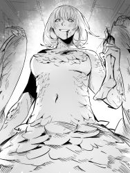 Rule 34 | 1girl, :d, blood, blood from mouth, blood on chest, blush, bob cut, breasts, chchi game, chimera, dripping, dungeon meshi, falin touden, falin touden (chimera), feathers, from below, greyscale, guro, hand up, highres, holding, looking at viewer, looking down, monochrome, monster girl, navel, nude, open mouth, scene reference, severed limb, sketch, smile, spoilers, underboob, wings
