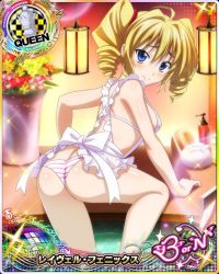 Rule 34 | 1girl, apron, ass, bishop (chess), blonde hair, blue eyes, blush, breasts, card (medium), chess piece, cleavage, drill hair, female focus, high school dxd, large breasts, official art, panties, ravel phenex, solo, striped clothes, striped panties, underwear