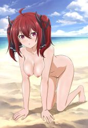 Rule 34 | 1girl, all fours, bare arms, bare legs, barefoot, beach, blue sky, breasts, cleft of venus, cloud, collarbone, completely nude, day, demon girl, demon horns, hair between eyes, hair ribbon, hanging breasts, highres, horizon, horns, iris (shikkakumon), looking at viewer, medium breasts, nipples, nude, nude filter, ocean, oosawa mina, outdoors, parted lips, pussy, red eyes, red hair, ribbon, sand, shikkakumon no saikyou kenja, sky, solo, swimsuit, third-party edit