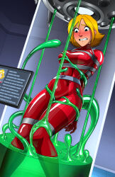 Rule 34 | 1girl, arms behind back, bdsm, blonde hair, blue eyes, blush, bodysuit, bondage, bound, breasts, clover (totally spies), highres, impossible bodysuit, impossible clothes, large breasts, metal belt, nose blush, red bodysuit, restrained, shio-bari, short hair, slime (creature), slime (substance), solo, stasis tank, stationary restraints, totally spies, whoop catsuit