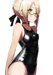 Rule 34 | 1girl, absurdres, artoria pendragon (fate), black-framed eyewear, black one-piece swimsuit, blush, braid, breasts, choker, competition swimsuit, covered navel, cowboy shot, empty eyes, fate/grand order, fate (series), glasses, hair bun, highres, light brown hair, mysterious heroine x alter (fate), one-piece swimsuit, perky breasts, semi-rimless eyewear, shimejinameko, shiny clothes, short hair, simple background, single hair bun, small breasts, solo, swimsuit, under-rim eyewear, white background, yellow eyes