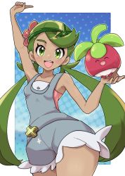 Rule 34 | 1girl, :d, arm up, blush, border, bounsweet, breasts, collarbone, commentary, cowboy shot, creatures (company), dark-skinned female, dark skin, eyelashes, flower, fu (tk1189227dhy), game freak, gen 7 pokemon, green eyes, green hair, green headband, grey overalls, hand up, happy, headband, highres, holding, holding pokemon, long hair, looking at viewer, mallow (pokemon), nintendo, open mouth, outside border, overall shorts, overalls, pink flower, pink shirt, pokemon, pokemon (creature), pokemon sm, shirt, small breasts, smile, sparkle, swept bangs, symbol-only commentary, teeth, tongue, trial captain, twintails, upper teeth only, white border
