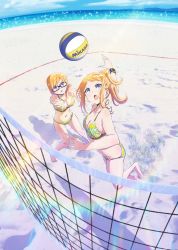 Rule 34 | 10s, 2girls, artist request, ball, beach, beach volleyball, bikini, blonde hair, blue eyes, bracelet, breasts, cloud, glasses, harukana receive, highres, jewelry, jumping, legs, lens flare, looking at object, medium breasts, mikasa sports, multiple girls, navel, o-ring, o-ring bikini, ocean, official art, open mouth, outdoors, outstretched arm, playing sports, ponytail, sand, semi-rimless eyewear, siblings, sisters, sky, standing, swimsuit, thomas claire, thomas emily, twins, volleyball, volleyball (object), volleyball net, watch, water