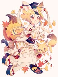 Rule 34 | 1girl, acorn, animal ears, autumn leaves, blonde hair, fox, fox ears, fox tail, full body, hat, headwear request, japanese clothes, licking lips, looking at viewer, original, paw pose, red eyes, sandals, smile, solo, tail, thighhighs, tongue, tongue out, uekura eku, white thighhighs