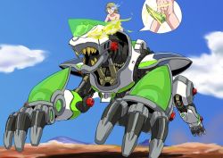 Rule 34 | 1boy, abs, bare shoulders, blonde hair, closed mouth, cloud, commentary, completely nude, glasses, glowing, glowing eyes, legs apart, male focus, mecha, muto dt, nude, open mouth, riding, robot, sharp teeth, sky, solo, teeth, zoids