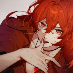 Rule 34 | 1boy, diluc (genshin impact), eriimyon, gem, genshin impact, highres, jewelry, long hair, long sleeves, looking at viewer, necklace, red eyes, red hair, scar, scar on arm