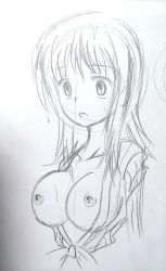 Rule 34 | 1girl, ashigaki radar, breasts, breasts out, collarbone, highres, itsuwa, large breasts, long hair, long sleeves, monochrome, nipples, open mouth, shirt, sketch, standing, sweat, tied shirt, toaru majutsu no index, upper body