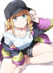 Rule 34 | 1girl, adjusting clothes, adjusting headwear, baseball cap, black hat, black shorts, blonde hair, blue eyes, blush, braid, closed mouth, commentary request, from above, hat, highres, indian style, jacket, long sleeves, looking at viewer, multicolored clothes, multicolored jacket, nyoijizai, paripi koumei, shirt, short shorts, shorts, simple background, single off shoulder, sitting, smile, solo, thighs, tsukimi eiko, twin braids, white background, white shirt